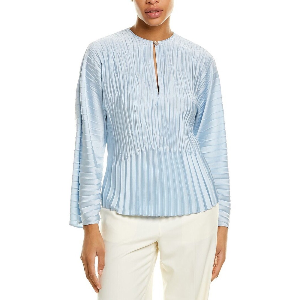 Vince Pleated Blouse Womens Small Light Blue V-Neck Long Sleeve Accordion‎ Top